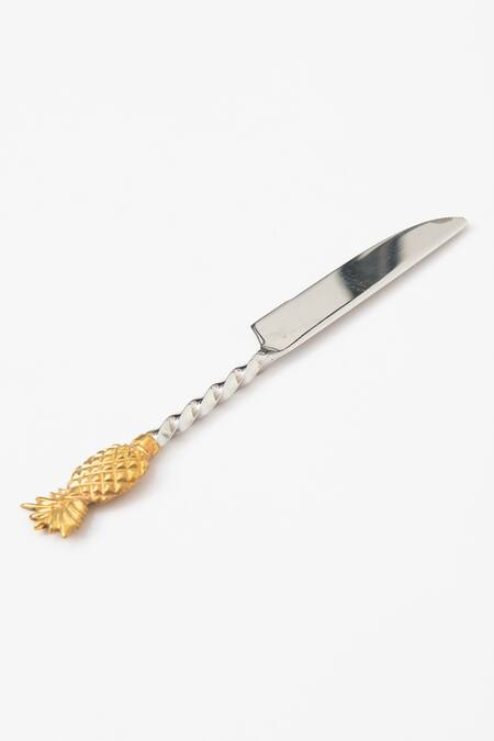 Shop_Table Manners_Gold Brass, Stainless Steel Set Of 4 Finding Pineapples Cutlery_Online_at_Aza_Fashions