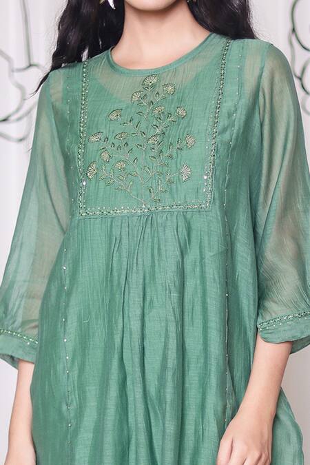 Shop Tatwa Green Handloom Cotton, Viscose, Silk Chanderi Floral Kurta And Pant Set Online at Aza Fashions Shop_Tatwa_Green Handloom Cotton, Viscose, Silk Chanderi Floral Kurta And Pant Set_Online_at_Aza_Fashions