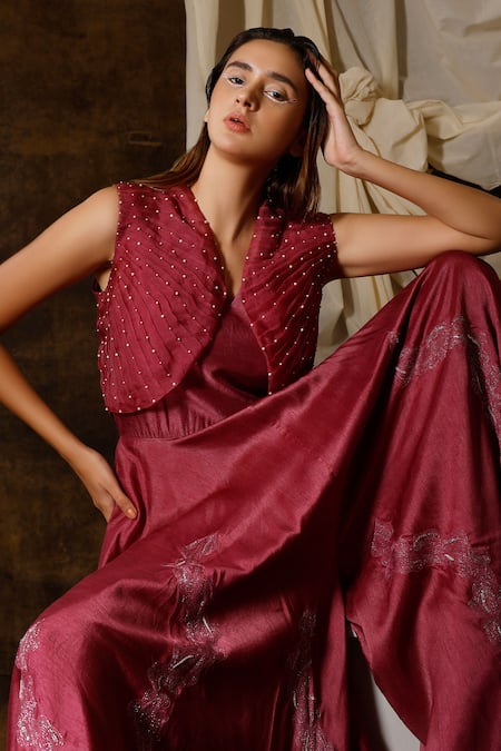 Shop_Eclat By Prerika Jalan_Wine Mohair, Organza Pearls, Sequins V-neck Embroidered Jumpsuit With Jacket _Online_at_Aza_Fashions