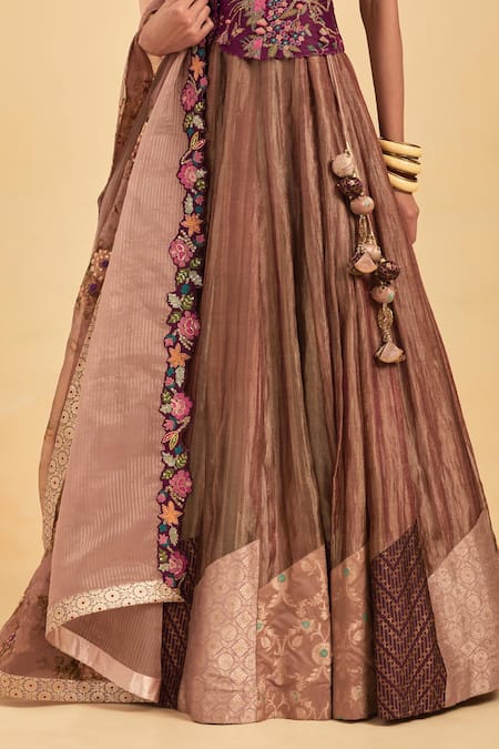 Shop Aum By Asit And Ashima Wine Organza Hand Embroidered And Printed Aari Work & V Neck Flared Lehenga Set Online at Aza Fashions Shop_Aum By Asit And Ashima_Wine Organza Hand Embroidered And Printed Aari Work & V Neck Flared Lehenga Set _Online_at_Aza_Fashions