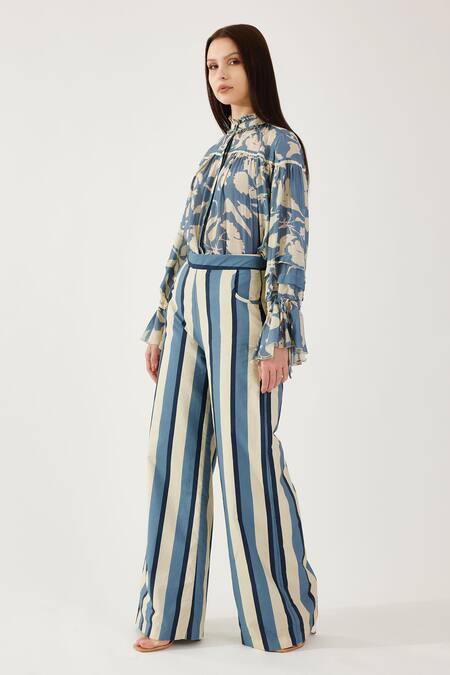 Shop_Koai_Cream Cotton, Silk Stripe Pattern Flared Pant _Online_at_Aza_Fashions