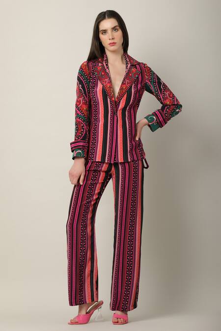 Buy Limerick By Abirr N' Nanki Multi Color Crepe Collared Niro Stripe Print Jacket Online at Aza Fashions Buy_Limerick By Abirr N' Nanki_Multi Color Crepe Collared Niro Stripe Print Jacket _Online_at_Aza_Fashions