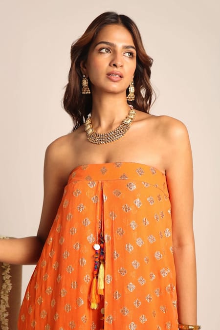 Buy_Style Junkiie_Orange Georgette Tassels Square Neck Self Embroidered Tube Jumpsuit _Online_at_Aza_Fashions
