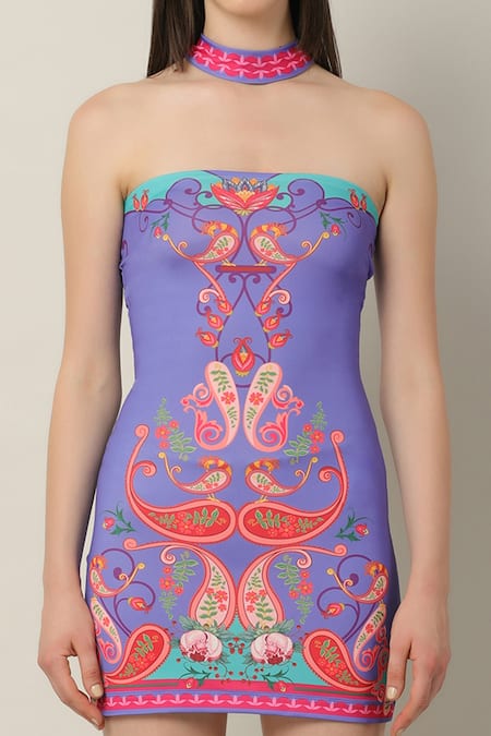 Buy_Limerick By Abirr N' Nanki_Multi Color Polyester, Spandex Embroidery Bandeau Dov Floral Print Tube Dress _Online_at_Aza_Fashions