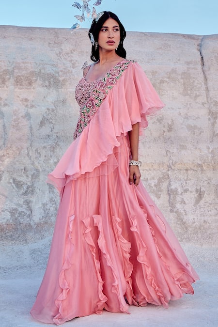 Shop_Nikita Vishakha_Pink Organza, Net, Georgette, Jacquard Zari, Ruffled And Layered Skirt Set _Online_at_Aza_Fashions