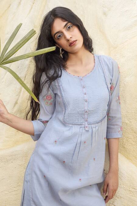 Shop_Tatwa_Blue Handloom Cotton, Viscose, Silk Embroidery Chanderi Flower Kurta And Pant Set _Online_at_Aza_Fashions