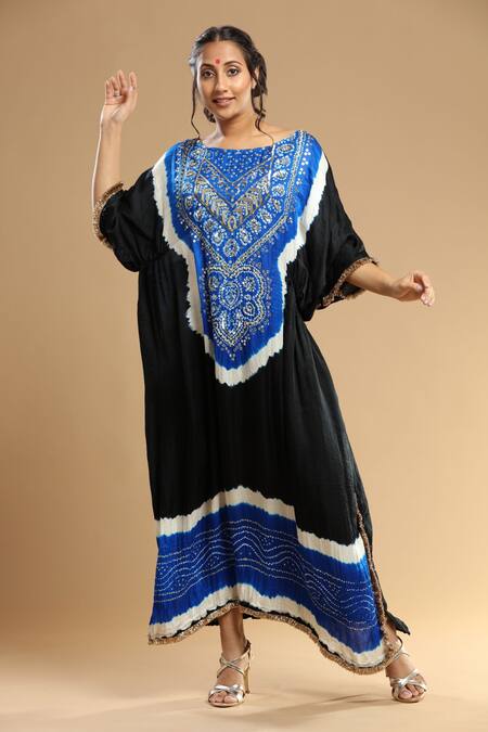 Shop_Etasha By Asha Jain_Blue Gingham Mirrors, Crystals Round Neck Bandhani Pattern Embroidered Kaftan _Online_at_Aza_Fashions