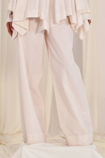 Shop AK-OK White Cotton Embroidery Round Neck, Top Broad Pant Set Online at Aza Fashions Shop_AK-OK_White Cotton Embroidery Round Neck, Top Broad Pant Set _Online_at_Aza_Fashions