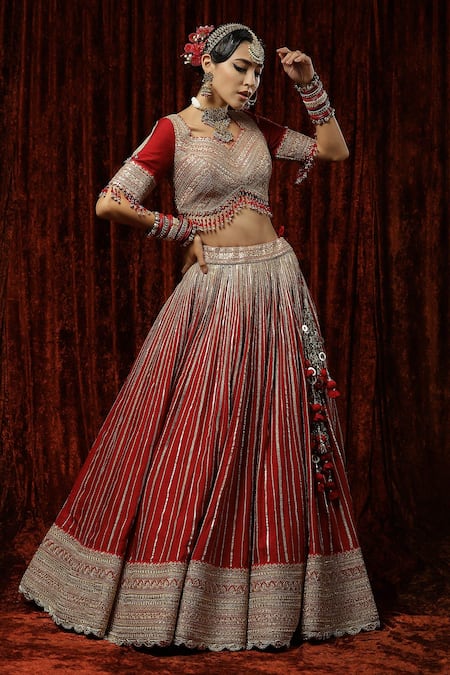 Buy Shikhar Sharma Red Silk, Crepe, Chanderi Tassels, Embroidery, Beads Gota Bridal Lehenga Set Online at Aza Fashions Buy_Shikhar Sharma_Red Silk, Crepe, Chanderi Tassels, Embroidery, Beads Gota Bridal Lehenga Set _Online_at_Aza_Fashions