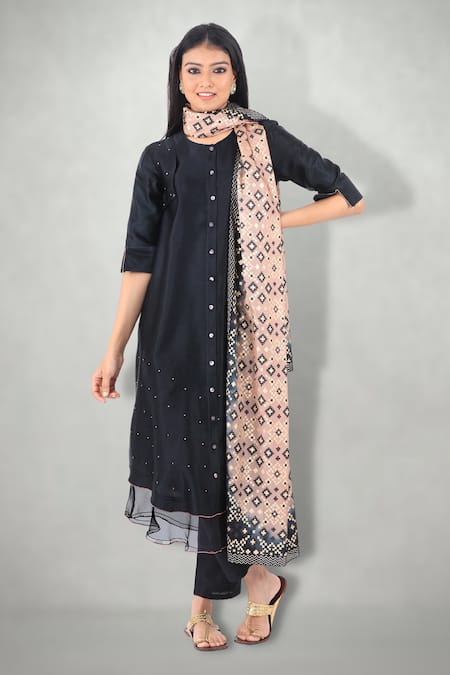 Shop_I Am Design_Black Linen Satin Ikat Print Round Button Down Kurta Set _Online_at_Aza_Fashions