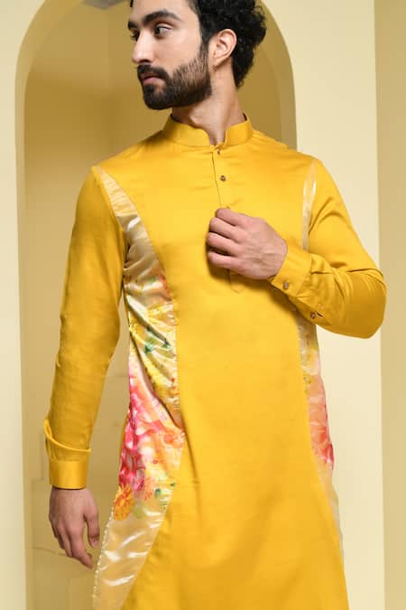 Shop Kustomeyes Yellow Cotton Embroidery Kurta And Pant Set Online at Aza Fashions Shop_Kustomeyes_Yellow Cotton Embroidery Kurta And Pant Set _Online_at_Aza_Fashions