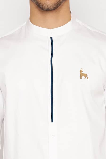 Shop_Lacquer Embassy_White Cotton Embroidery, Patchwork Antler Motif Shirt _Online_at_Aza_Fashions