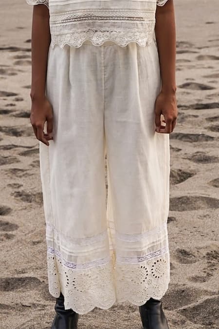 Buy Baju Ivory Chanderi Cotton Silk Solid May Lace Work Pant Online at Aza Fashions Buy_Baju_Ivory Chanderi Cotton Silk Solid May Lace Work Pant _Online_at_Aza_Fashions