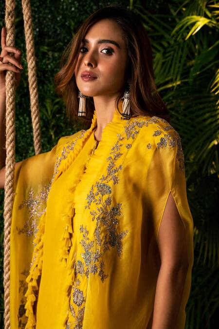 Shop Pallavi Poddar Yellow Organza, Crepe, Cotton Zari, Zardozi Floral Cape And Draped Pant Set Online at Aza Fashions Shop_Pallavi Poddar_Yellow Organza, Crepe, Cotton Zari, Zardozi Floral Cape And Draped Pant Set _Online_at_Aza_Fashions