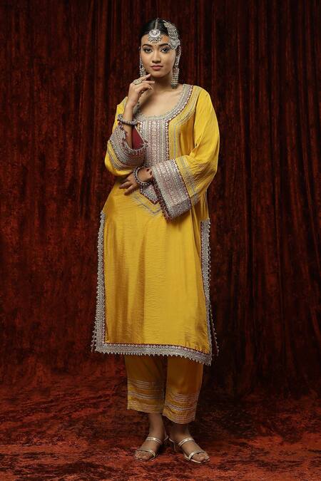 Shop Shikhar Sharma Yellow Silk Chanderi Embroidered Pearl Round Neck Kurta Pant Set Online at Aza Fashions Shop_Shikhar Sharma_Yellow Silk Chanderi Embroidered Pearl Round Neck Kurta Pant Set _Online_at_Aza_Fashions