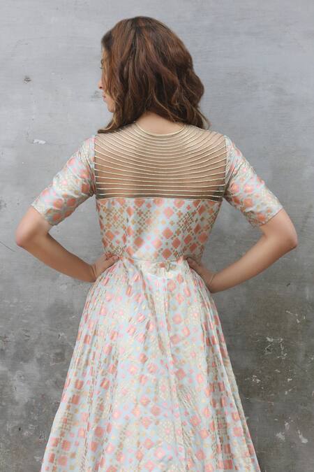 Shop_I Am Design_Green Silk Ikat Print Round Gown _Online_at_Aza_Fashions