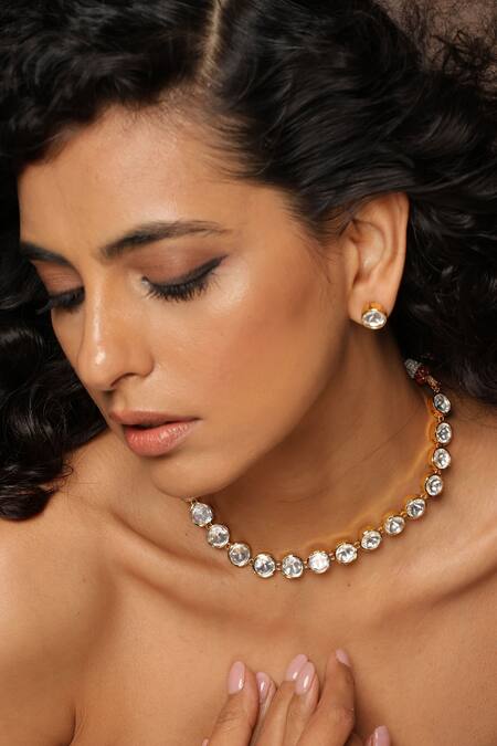 Shop_Swabhimann_Gold Plated Diamonds, Stones Circular Polki Embellished Necklace Set _Online_at_Aza_Fashions