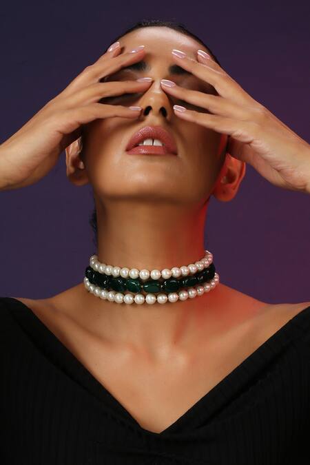 Shop_Swabhimann_Green Pearl Embellished Choker _Online_at_Aza_Fashions