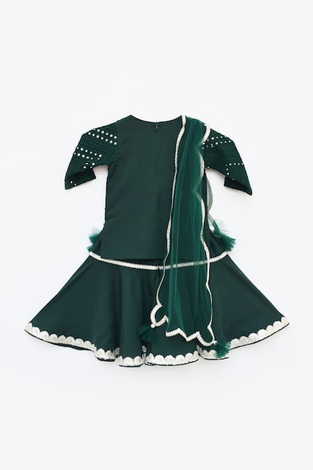 Shop_Fayon Kids_Green Net, Silk Pearls, Embroidery Mirror Work Kurta Sharara Set _Online_at_Aza_Fashions