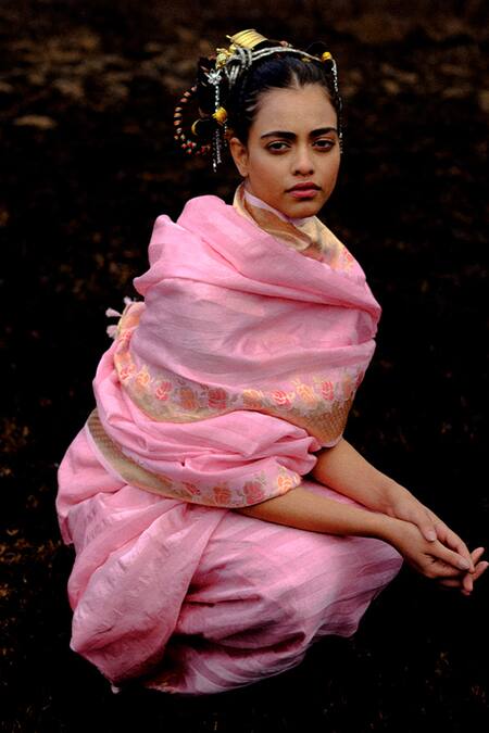 Shop_Ekaya Banaras_Pink Silk Embroidery Striped And Floral Handwoven Saree_Online_at_Aza_Fashions