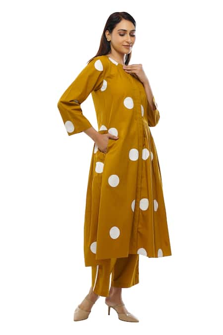 Shop_Khat_Yellow Round Neck Mustard Polka Dot Dress And Pant Set _Online_at_Aza_Fashions