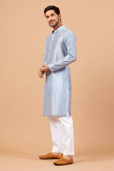 Buy_Hilo Design_Blue Cotton, Silk, Lycra Embroidery Viva Dot Kurta Set _Online_at_Aza_Fashions