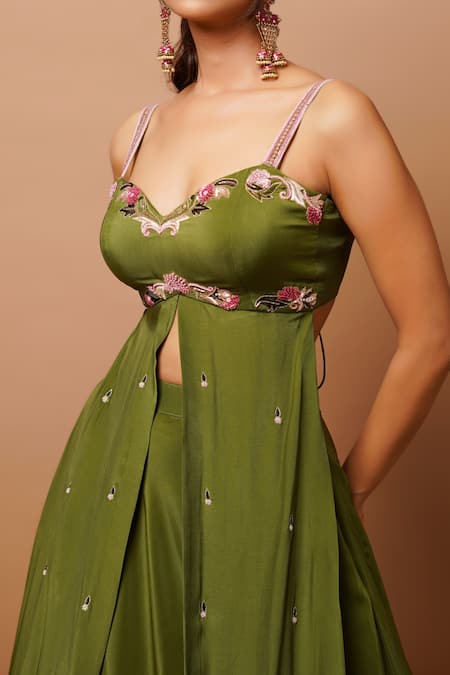 Shop_Ahi Clothing_Green Crepe Metallic Thread, Front-slit Kurta And Ruffle Hem Lehenga Set _Online_at_Aza_Fashions