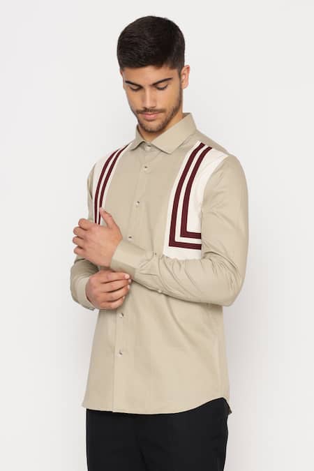 Shop_Lacquer Embassy_Beige Cotton Bennet Shoulder Panel Shirt _Online_at_Aza_Fashions