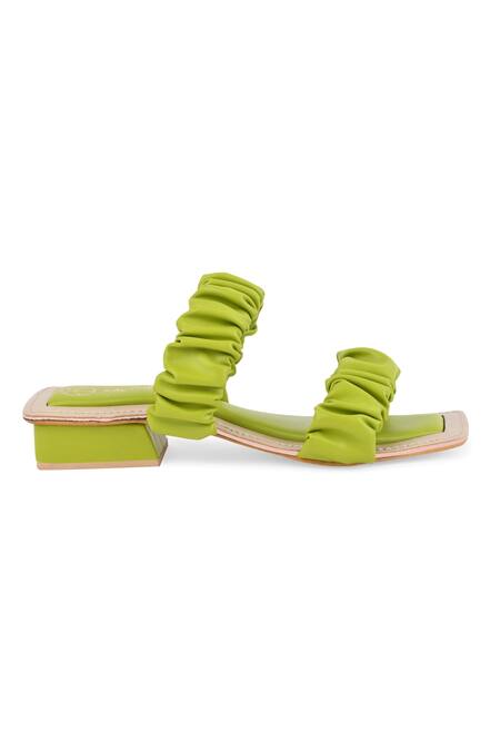 Shop Kaltheos Green Plain Maureen Square Toe Ruffle Strap Block Heels Online at Aza Fashions Shop_Kaltheos_Green Plain Maureen Square Toe Ruffle Strap Block Heels_Online_at_Aza_Fashions