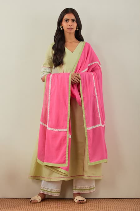 Shop_The Indian Cause_Green Cotton Sequins, Embroidery V-neck Markab Sleeve Anarkali And Palazzo Set_Online_at_Aza_Fashions