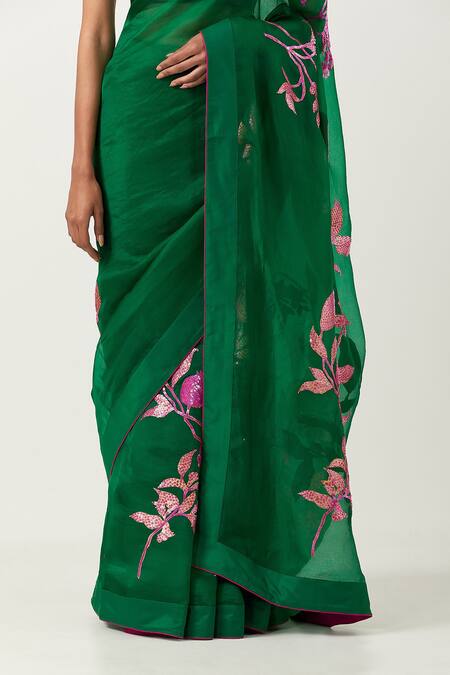 Shop Label Earthen Green Organza, Silk Embroidery Round Neck Harit Sundari Saree With Blouse Online at Aza Fashions Shop_Label Earthen_Green Organza, Silk Embroidery Round Neck Harit Sundari Saree With Blouse _Online_at_Aza_Fashions