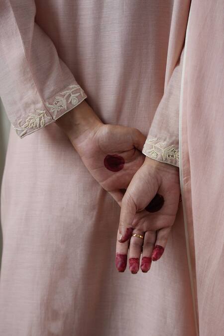 Shop Kanika Sharma Pink Chanderi Silk, Modal, Cotton, Muslin Pearls, Embroidery, Kurta Pant Set Online at Aza Fashions Shop_Kanika Sharma_Pink Chanderi Silk, Modal, Cotton, Muslin Pearls, Embroidery, Kurta Pant Set _Online_at_Aza_Fashions