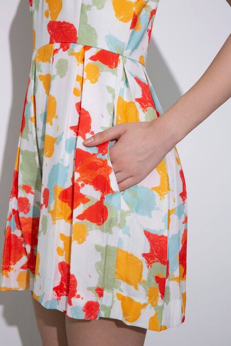 Shop Pocketful Of Cherrie White Crepe Scoop Neck Color Splash Print Romper Online at Aza Fashions Shop_Pocketful Of Cherrie_White Crepe Scoop Neck Color Splash Print Romper_Online_at_Aza_Fashions