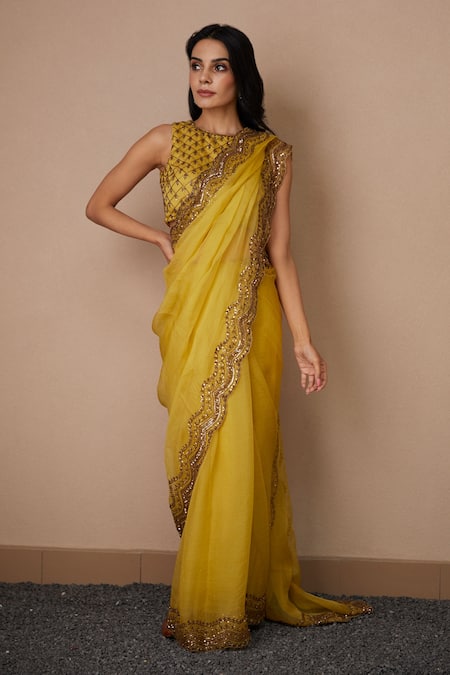 Shop_Astha Narang_Yellow Organza, Crepe Embroidery Round Neck Scallop Saree With Blouse _Online_at_Aza_Fashions