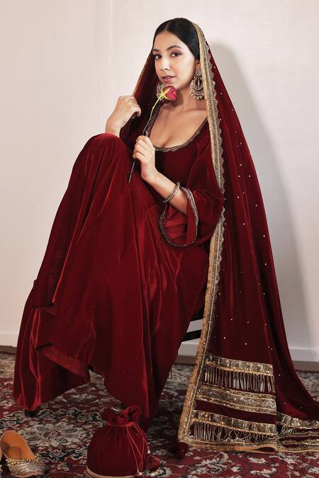 Shop Shrutkirti Red Silk, Velvet Tassels, Embroidery Round Neck Anarkali Palazzo Set Online at Aza Fashions Shop_Shrutkirti_Red Silk, Velvet Tassels, Embroidery Round Neck Anarkali Palazzo Set_Online_at_Aza_Fashions