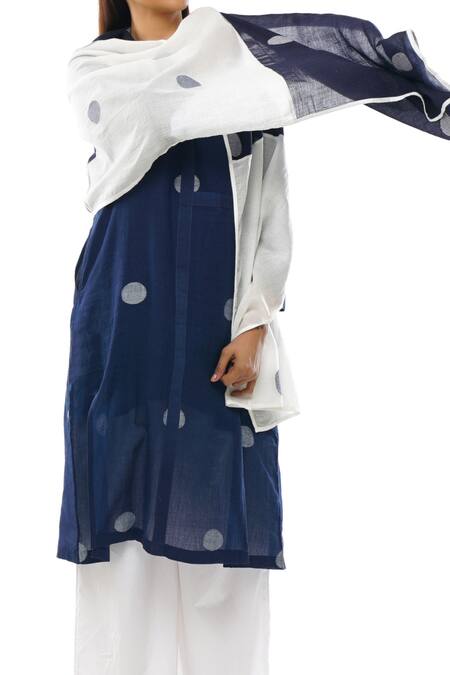 Khat_Blue Handloom Cotton Tassels, Lace V-neck Polka Dot Pattern Dress Pant Set _at_Aza_Fashions