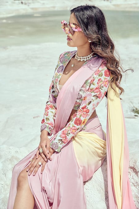 Shop_Nikita Vishakha_Purple Crepe, Georgette Embroidery V-neck Cowl Skirt Saree With Blouse _Online_at_Aza_Fashions