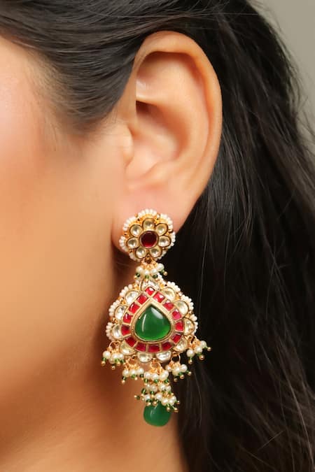 Ishhaara Multi Color Stones, Beads, Zari Tear Drop Shaped Earrings at Aza Fashions Ishhaara_Multi Color Stones, Beads, Zari Tear Drop Shaped Earrings _at_Aza_Fashions