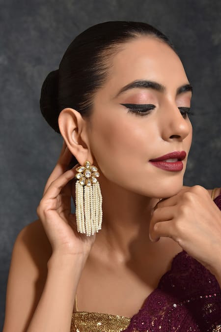 Swabhimann_Gold Plated Diamonds, Pearls Floral Shape Dangler Earrings _Online_at_Aza_Fashions