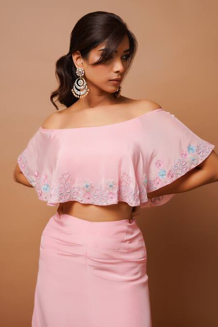 Shop_Ahi Clothing_Pink Crepe Zari, Cut Work Off-shoulder Off Embroidered Top And Draped Skirt Set _Online_at_Aza_Fashions