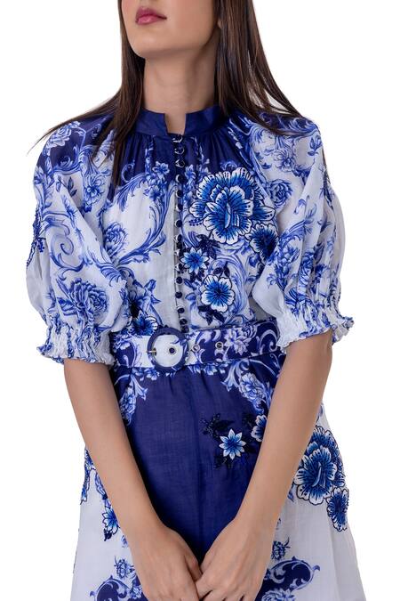 Shop Gaya White Ramie Linen Printed And Embroidered Baroque Dyme Dress Online at Aza Fashions Shop_Gaya_White Ramie Linen Printed And Embroidered Baroque Dyme Dress _Online_at_Aza_Fashions