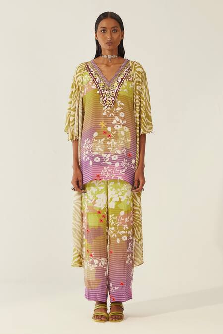 Shop Amka Green Crepe, Chiffon Embroidery V-neck Nikafika Leopard Print Cape Tunic Set Online at Aza Fashions Shop_Amka_Green Crepe, Chiffon Embroidery V-neck Nikafika Leopard Print Cape Tunic Set_Online_at_Aza_Fashions
