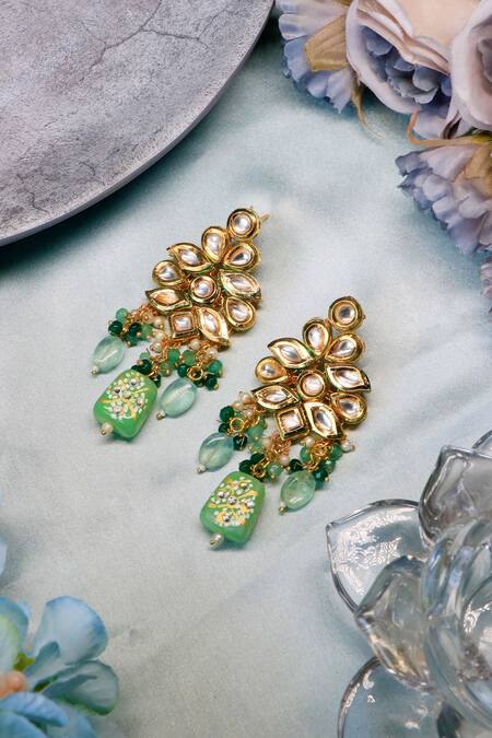 Buy Ishhaara Gold Plated Stones Kundan Green Dangler Earrings Online at Aza Fashions Buy_Ishhaara_Gold Plated Stones Kundan Green Dangler Earrings _Online_at_Aza_Fashions
