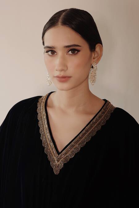 Shop_Shrutkirti_Blue Silk, Velvet Embroidery V-neck Neckline Kaftan_Online_at_Aza_Fashions