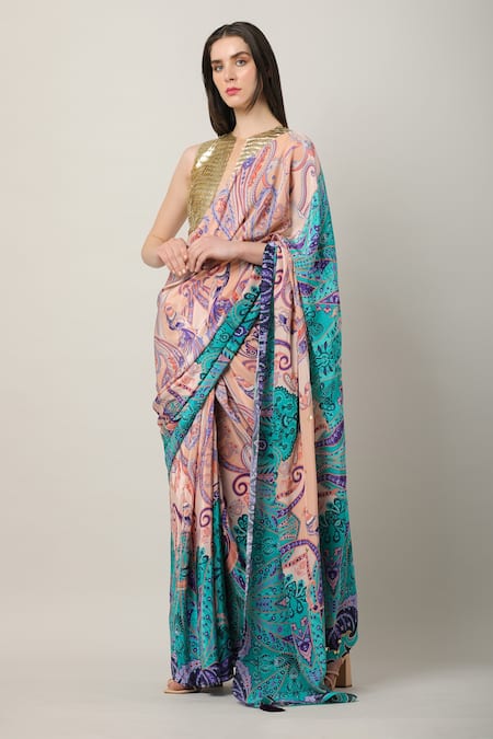 Buy_Limerick By Abirr N' Nanki_Gold Organza, Crepe Embroidery Cami Handcrafted Blouse _Online_at_Aza_Fashions