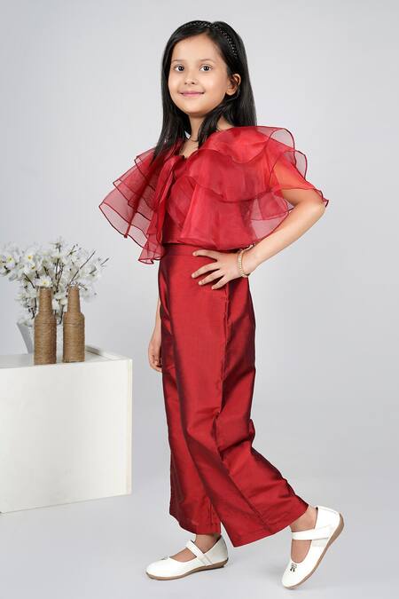 Shop_Jelly Jones_Maroon Taffeta Flared Top And Culottes Set_Online_at_Aza_Fashions