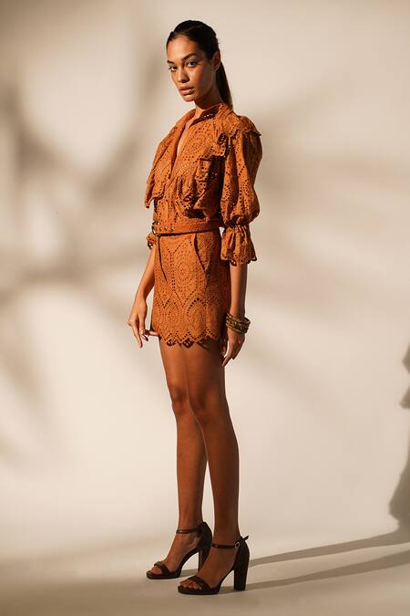 Shop Nikita Mhaisalkar Orange Chiffon, Cotton Cut Work Collared Schiffli Shirt And Shorts Set Online at Aza Fashions Shop_Nikita Mhaisalkar_Orange Chiffon, Cotton Cut Work Collared Schiffli Shirt And Shorts Set _Online_at_Aza_Fashions