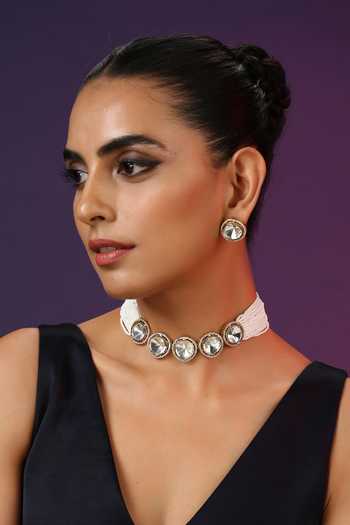 Shop_Swabhimann_White Pearls, Diamonds Polki And Embellished Choker Set _Online_at_Aza_Fashions