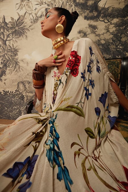 Shop_Kalista_Ivory Crepe Beads V-neck Lauren Botanical Pattern Kaftan _Online_at_Aza_Fashions