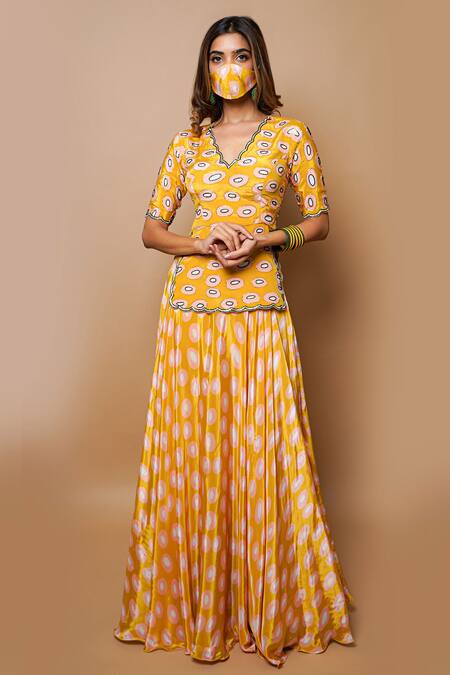 Shop_Ahi Clothing_Yellow Crepe Embroidery, Zari, Cut Work Geometric Print Short Kurta Lehenga Set_Online_at_Aza_Fashions